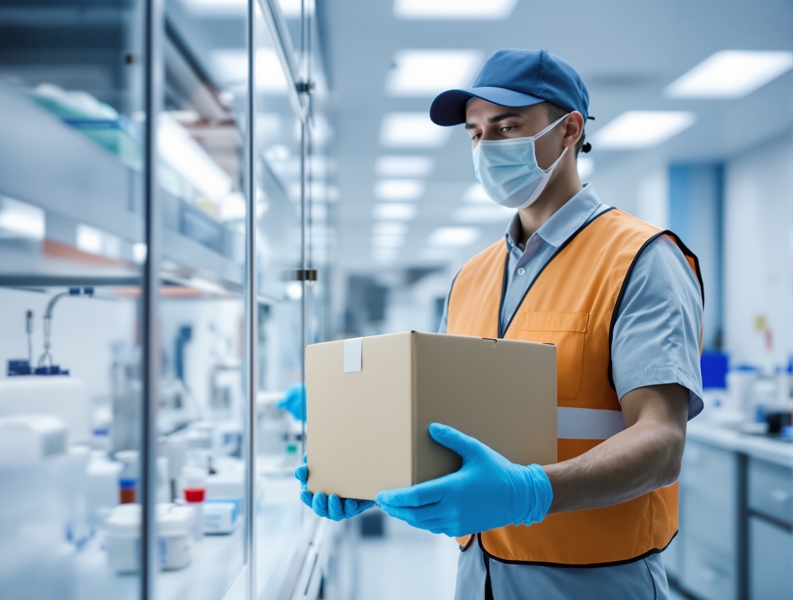 Courier handing medical specimen to laboratory technician