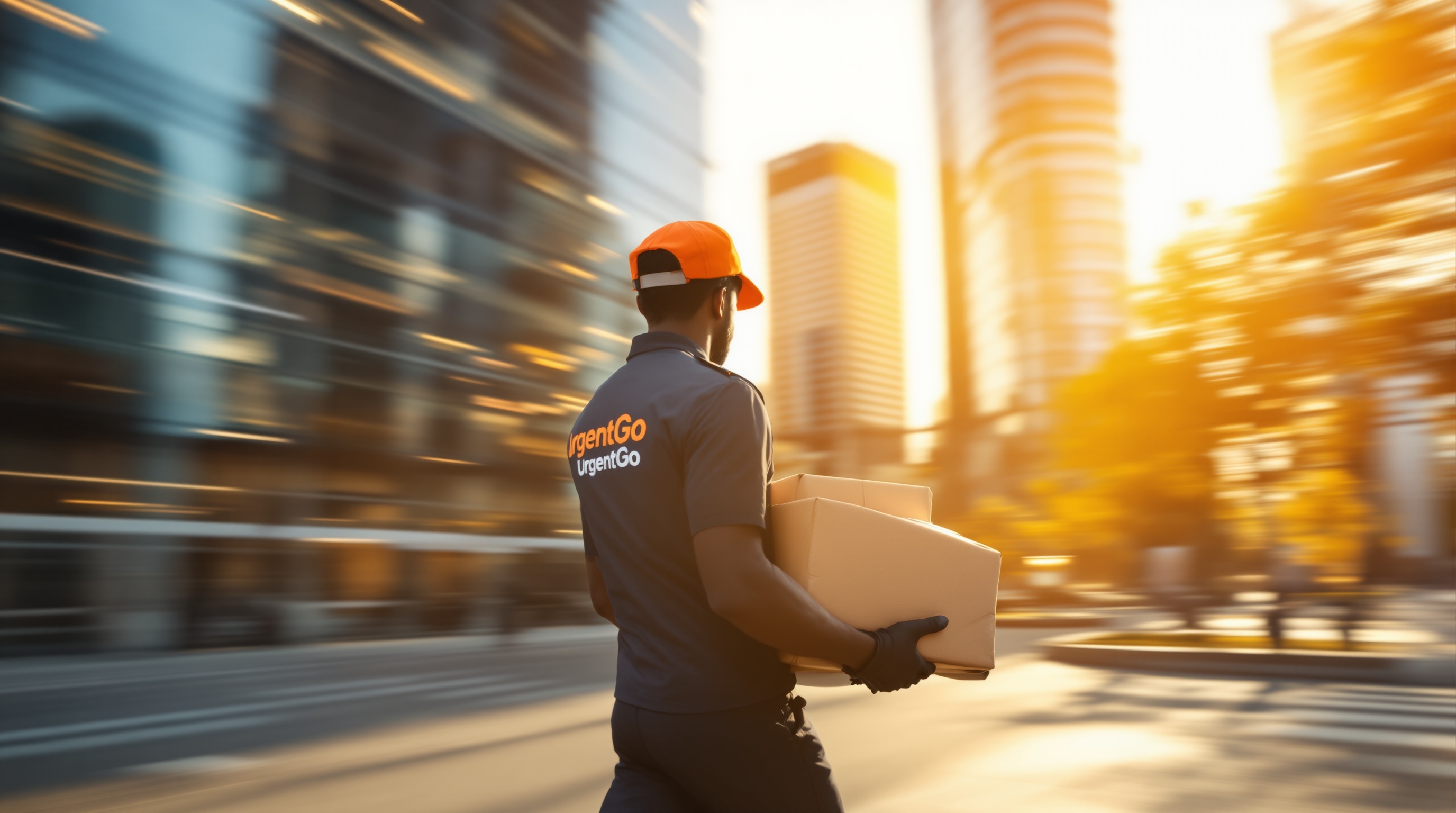 Professional UrgentGo courier delivering urgent package in Johannesburg business district at sunrise