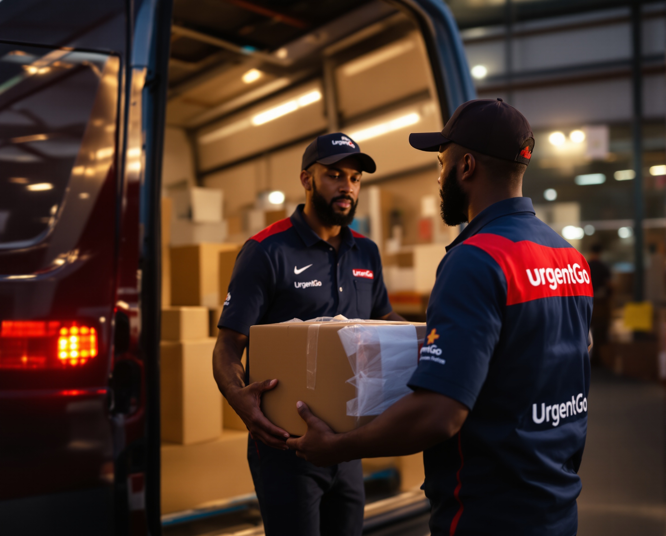 Professional courier loading overnight parcels