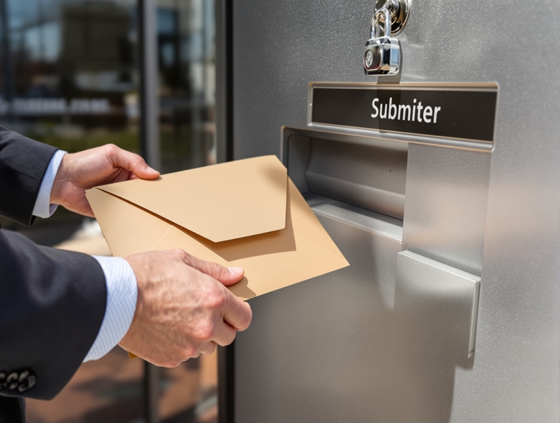 Tender envelope being placed into a bid box